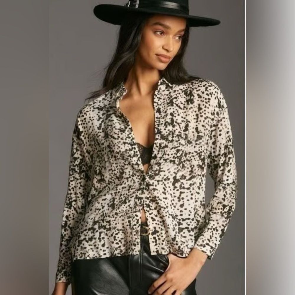 Cloth & Stone Anthropologie Top Womens Leopard Animal Print Button Up Neutral